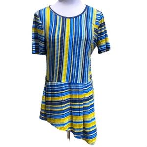 ECI Tunic Asymmetrical Peplum Hem Short Sleeve Blue and Yellow Striped Size XL